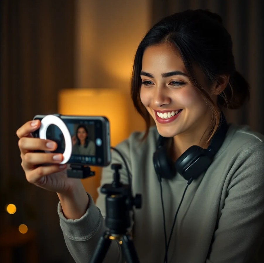 A content creator filming on a phone